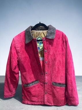 Vintage Fox Run Red suede leather Jacket brown trim preppy old money coat